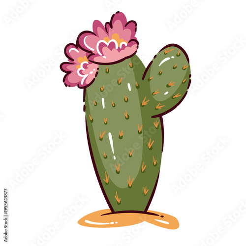 Prickly pear cactus with pink flowers, green pad shape and desert plant silhouette. Botanical decor element and prickly pear cactus in drawn simple modern style, vector illustration