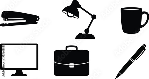 Collection of six essential office stationery icons, black vector silhouettes of telephone, scissors, and desk lamp isolated on white background.