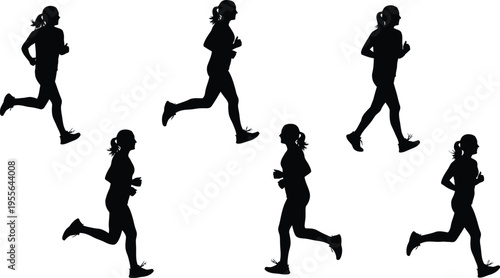 Collection of six female runner silhouettes in motion, black vector icons of women athletes sprinting, jogging, and racing isolated on white.