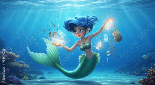 An ultra-realistic cartoon mermaid collecting plastics from the ocean and transforming them into light, serene expression, crystal clear water, cinematic underwater lighting.