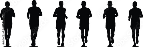 Collection of six front-view running man silhouettes, black vector icons of male athletes in dynamic jogging and sprinting poses isolated on white.