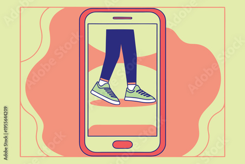 Legs in sneakers on a smartphone screen with abstract background