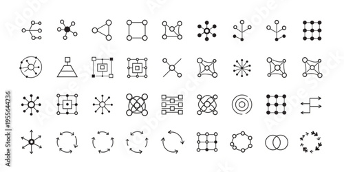 Collection of Abstract Geometric Network and Connection Icons Representing Data, Technology, and Interconnectivity