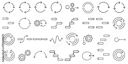 Dynamic vector line icon set featuring cycles, refresh, process flow, workflow steps, and directional arrows. Perfect for UI/UX design, business, and technology illustrations