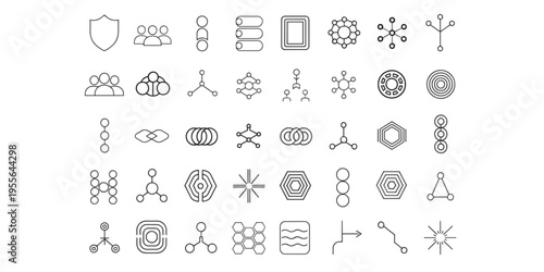 Abstract geometric line art icons for modern digital concepts. Features network connections, security, and data structures. Ideal for UI/UX design, technology, and business graphics