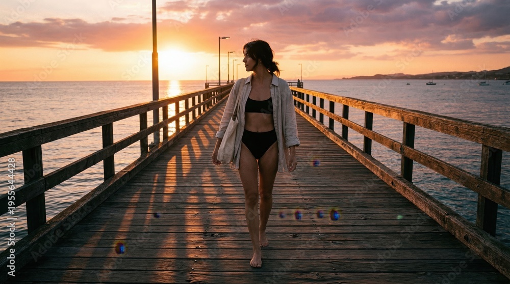 Fototapeta premium Young woman in bikini and shirt walking along a wooden pier at sunset, with a golden sun setting over the ocean, embodying tranquility and summer freedom.