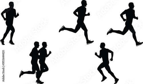 Collection of six male and female runner silhouettes, black vector icons of athletes jogging from different angles isolated on white.