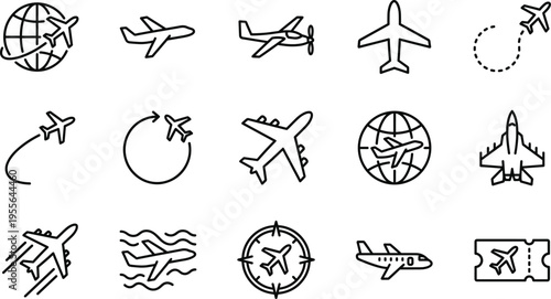 Air travel outline icons with airplane globe routes ticket and flight paths aviation illustration collection