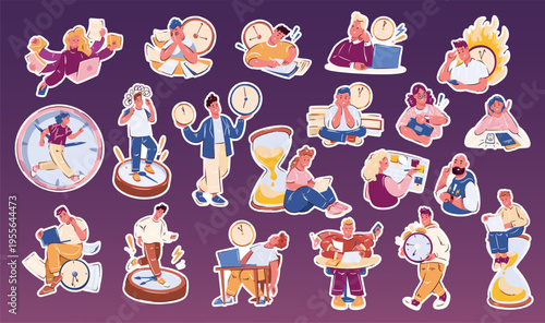 Time management stress sticker set with people, clocks, planners, deadlines, burnout scenes, multitasking moments, work overload situations, modern daily life pressure. Cartoon vector illustration.