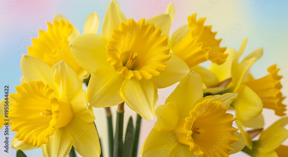 Fototapeta premium Close up view of bright yellow daffodils blooming in garden with soft colorful background showing delicate petals and trumpet center in spring light