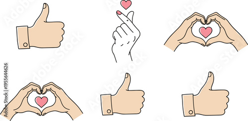 Hand gestures set with thumbs up finger heart and love sign symbols positive emotions illustration collection