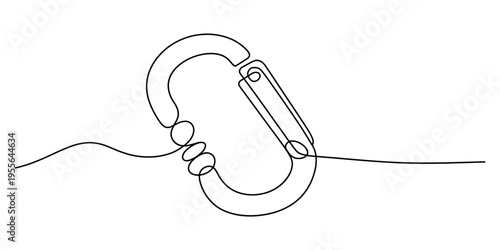 A single continuous line drawing of a metal carabiner hook used for climbing and outdoor activity Vector, illustration
