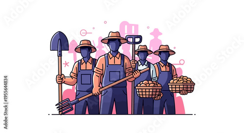 Cartoon illustration of three farm workers in silhouette, celebrating Cesar Chavez Day with farm tools and baskets, in a vibrant pink and orange design