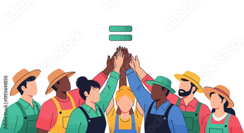Diverse farm workers celebrate Cesar Chavez Day with a tribute in a colorful illustration of people joining hands in solidarity and support for farm workers rights