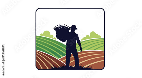 A silhouette of a farmer standing in a field with a basket on Cesar Chavez Day, symbolizing farm workers' rights tribute and celebration