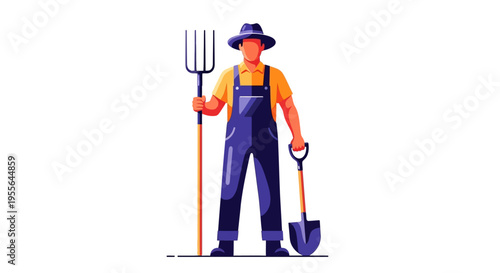 A cartoon illustration of a farmer in blue overalls and a hat holding a pitchfork and shovel on a white background, celebrating Cesar Chavez Day with a tribute to farm workers' rights