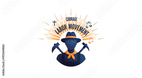 A vibrant cartoon illustration of a farm worker silhouette with crossed pickaxes and a hat, surrounded by rays, symbolizing the labor movement and Cesar Chavez Day celebration with courage