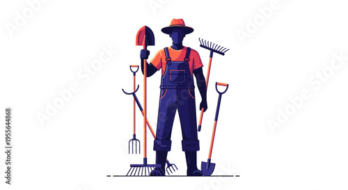 A silhouette of a farmer in overalls and a hat stands with farm tools, celebrating Cesar Chavez Day with a tribute to farm workers' rights in a colorful illustration design