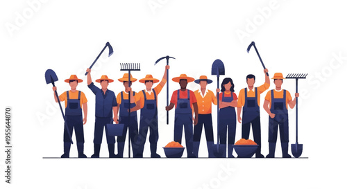 A diverse group of workers in orange and blue uniforms holding various tools in a colorful illustration celebrating farm workers rights tribute and Cesar Chavez Day