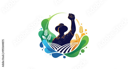 A vibrant illustration of a silhouette of a man with his fist raised in a colorful celebration design for Cesar Chavez Day and farm workers rights tribute with a mix of green, blue