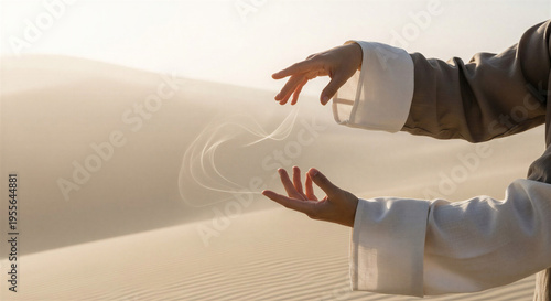 Tai Chi practitioner performing fluid hand movements in a serene desert background