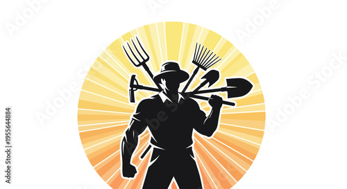 Silhouette of a farmer with gardening tools behind him in a circular design with a vibrant orange sunburst background, celebrating Cesar Chavez Day and farm workers' rights