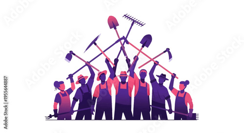 Vector illustration of people in silhouette celebrating farm workers rights with tools on Cesar Chavez Day in a vibrant, graphic design