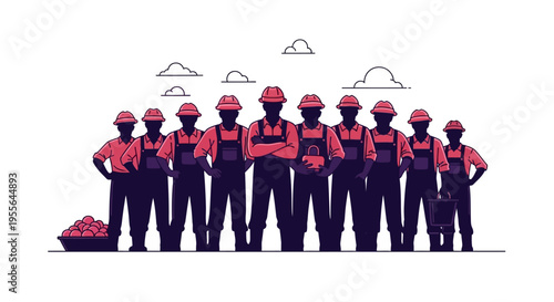 A group of farm workers in silhouette celebrate Cesar Chavez Day with a tribute to farm workers' rights in a colorful illustration with a white background