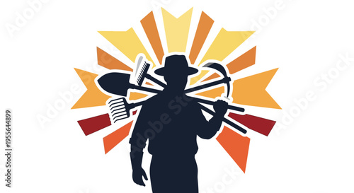 A silhouette of a farmer with tools over his shoulder in a colorful sunburst design celebrating farm workers rights