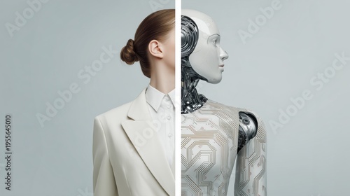Future of work concept with cyborg business portrait, human augmentation and AI powered workforce transformation