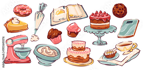 Bakery desserts and cake set with donut, layered cake, cupcake, croissant, mixer, cream bowl, piping bag, recipe book and coffee cup. Sweet pastry collection, cartoon vector illustration.