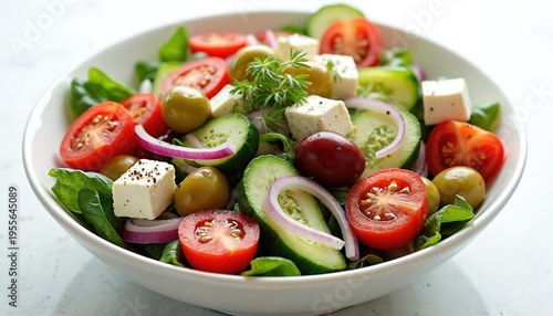 Fresh Greek salad with feta cheese, tomatoes, cucumbers, olives, and red onion in white bowl. Healthy Mediterranean meal, summer dish, light food.