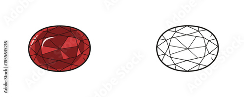 Single oval-cut garnet gemstone vector illustrations shown in colored cartoon and black outline linear styles, deep reddish-brown and burgundy translucent hues, representing faceted precious jewel on 