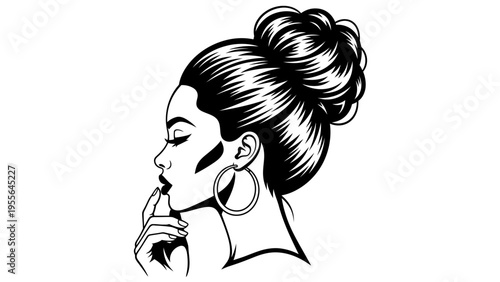 Elegant Woman Profile Silhouette with Messy Bun and Hoop Earring, Black and White