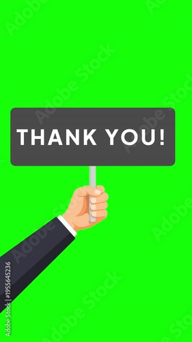 Thank You Sign Concept : Hand Holding Sign Board with Thank You Text Animation on Green Screen