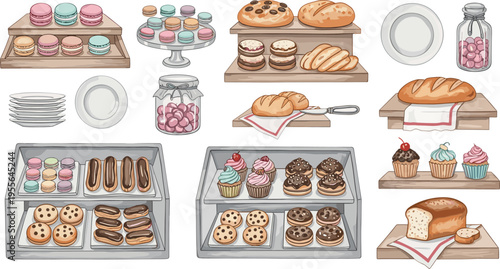 Bakery Display Collection with Bread Macarons Cupcakes Cookies and Pastries on Shelves Trays and Plates in Cute Style