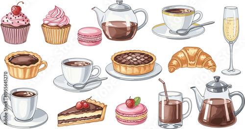 Coffee and Dessert Collection Vector Illustration Featuring Cupcake Macaron Croissant Tea Coffee Cake and Pastry Elements in Cozy Cafe Style