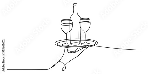 Minimalist one line drawing of a hand holding a tray with a wine bottle and two glasses for drinks Vector, illustration