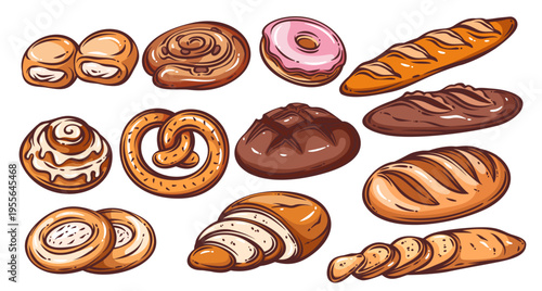 Bakery set with bread and pastry assortment. Croissant, baguette, donut, pretzel, cinnamon roll, loaf, sliced bread, sweet bun collection. Retro vintage line art bakery set vector illustration.