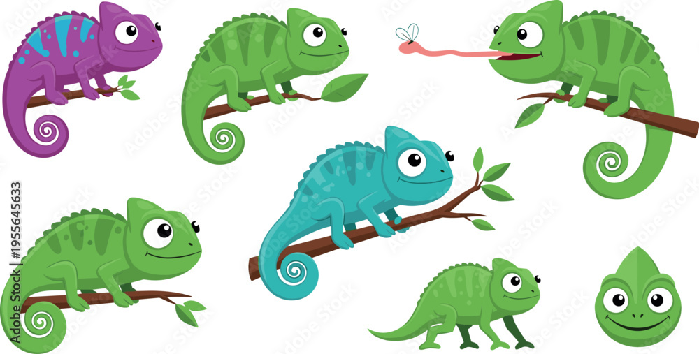 Naklejka premium Colorful cartoon chameleon characters set with branches leaves and insect catching poses isolated playful reptile collection for children illustration design