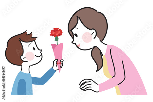 Illustration of a boy giving carnations to his mother on Mother’s Day