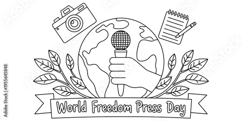 A detailed black and white coloring page for world press freedom day with symbols of journalism Vector, illustration