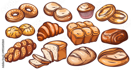 Bakery pastry set with bread and sweet baked assortment. Croissant, donut, muffin, cinnamon roll, loaf, sliced bread, braided bread collection. Retro line art bakery pastry set vector illustration.