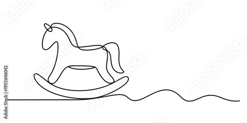 Minimalist single continuous line drawing of a cute rocking horse toy for children on white background Vector, illustration