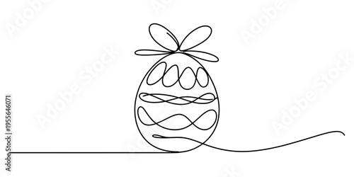 A minimalist single line drawing of a decorated easter egg with a bow on a clean white background Vector, illustration