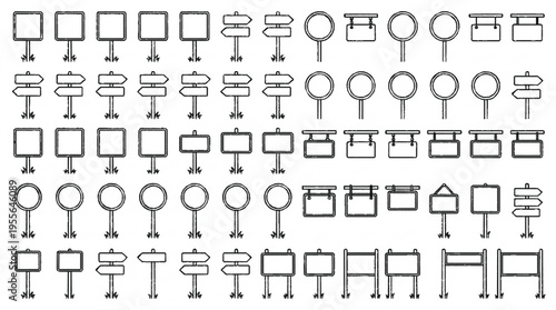 Collection of empty roadside sign templates in black and white for design and informational purposes on transportation infrastructure