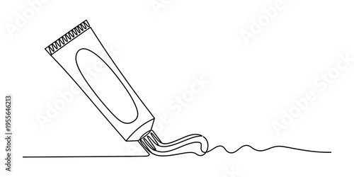 A single continuous line drawing of a tube of toothpaste being squeezed onto a flat surface area Vector, illustration