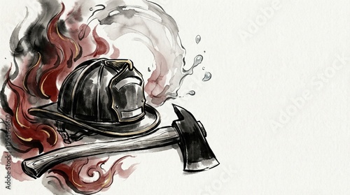 Firefighter illustration with helmet and axe on a smoky background for Firefighter Day

