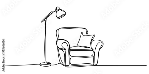 Minimalist one line drawing of a comfortable armchair standing next to a tall standing floor lamp
