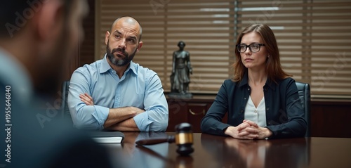Man and woman sit at table with lawyer. Couple discusses legal case with legal advisor in office. They consult expert for justice, law, and consultation.